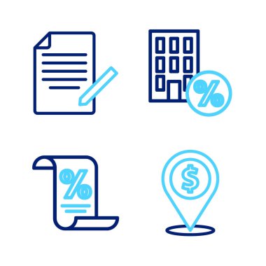 Set line Cash location, Finance document, House with percant discount and Document and pen icon. Vector