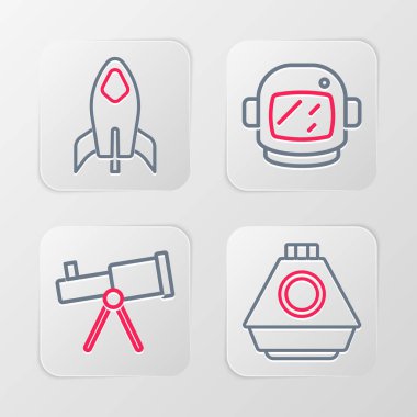 Uzay kapsülü, Teleskop, Astronot miğferi ve Roket gemi simgesini ayarlayın. Vektör