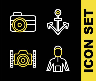 Set line Anchor, Wetsuit for scuba diving, Photo camera diver and  icon. Vector