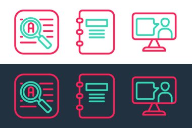 Çevrimiçi Yabancı Dil Çalışması, Çevirmen ve Not Defteri simgesi ayarla. Vektör