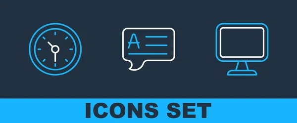 Set Line Computer Monitor Clock Speech Bubbles Answer Icon Vector — Archivo Imágenes Vectoriales