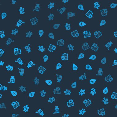 Veteriner kliniği, konum veterineri, klinik kayıt evcil hayvanı, kedi ilacı şişesi ve kusursuz desenli haplar. Vektör.