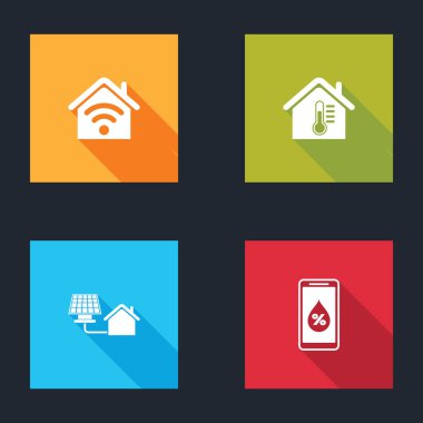 Smart evini kablosuz ağ, ev sıcaklığı, güneş paneli ve akıllı simge için nem ile ayarla. Vektör.
