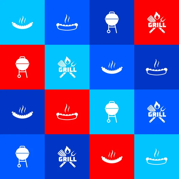 Set Sausage Hotdog Sandwich Barbecue Grill Crossed Fork Spatula Icon — Image vectorielle