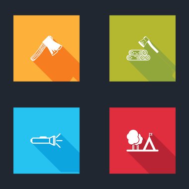 Eski tahta baltayı, tahta baltayı, feneri ve bayrak ikonlu turist çadırını kurun. Vektör.