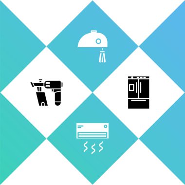 Çivi tabancası, klima, elektrikli mikser ve buzdolabı ikonu. Vektör.