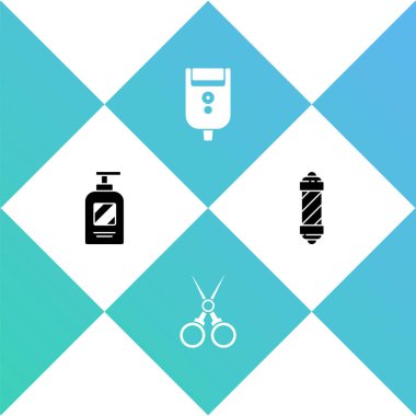 Şampuan şişesi, makas kuaförü, erkekler için elektrikli tıraş bıçağı ve klasik berber dükkânı ikonu. Vektör.