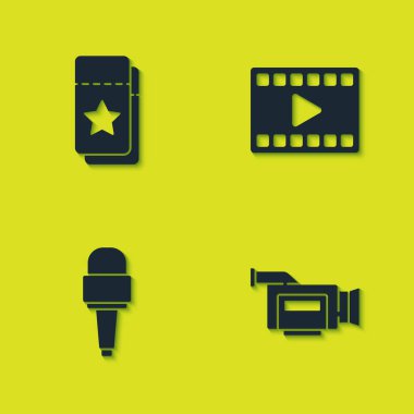 Sinema bileti, kamera, mikrofon ve Video simgesini oynat. Vektör.