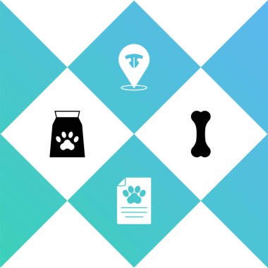 Evcil hayvan için yiyecek çantası, klinik kayıtları, kedi burnu ve köpek kemiği ikonu. Vektör