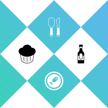 Set Cupcake, Served fish on plate, Knife and spoon and Wine bottle icon. Vector