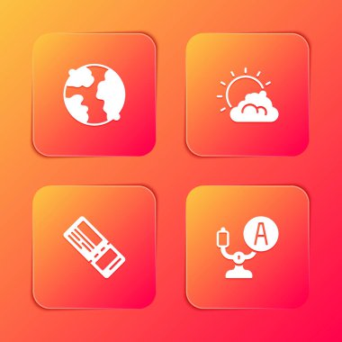 Dünya çapında, güneş ve bulut havası, uçak bileti ve uçak dümen ikonu. Vektör