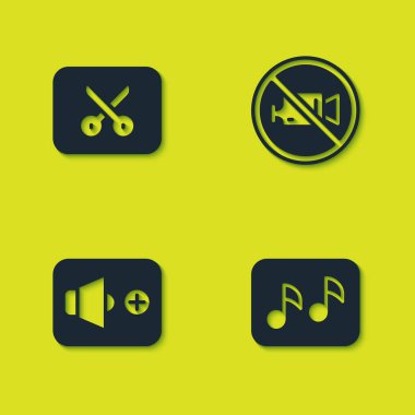 Müzik ya da video düzenleme, nota, ton, Speaker ses ve İçki Yasağı kayıt simgesi. Vektör