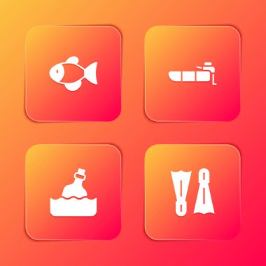 Fish, motorlu şişme bot, yüzme ikonu için suya şişe mesajı ve Flippers koyun. Vektör