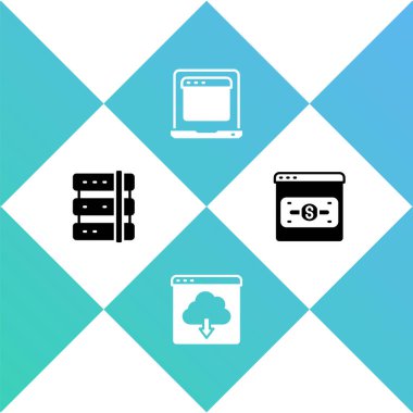 Sunucu, Bulut indirme, tarayıcı pencereli dizüstü bilgisayar ve ekran simgesinde Online alışveriş ayarlayın. Vektör