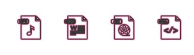 Set line MP3 file document, AVI, DOC and HTML icon. Vector.
