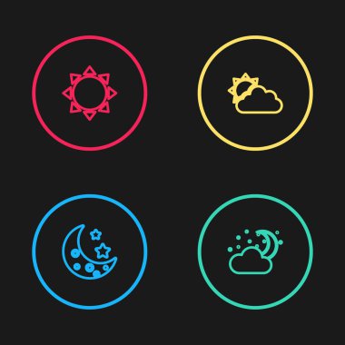 Set line Moon and stars, Cloud with moon, Sun cloud weather and  icon. Vector.