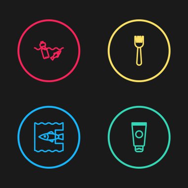 Okyanus plastik kirliliğini, krem kozmetik tüpünü, tek kullanımlık çatalı ve ikon problemini durdurun. Vektör.