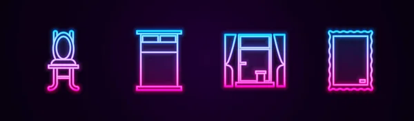 Set Line Chair Big Bed Window Curtains Picture Glowing Neon — Stockvector