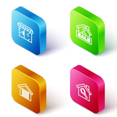 Isometric Market 'i kur, Satış, Garaj ve Arama Evi simgesiyle tabela as. Vektör