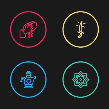 İslami çaydanlık hattı, Sekizgen yıldız, Arap kılıcı ve elleri dua etme ikonunda. Vektör