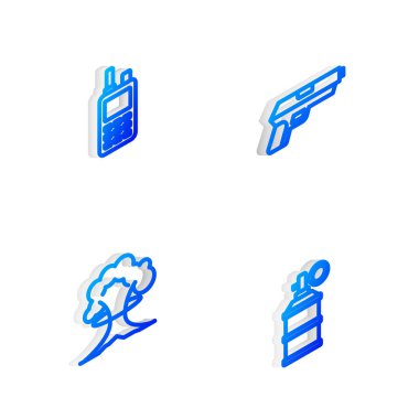 Isometric hattı Tabanca ya da silah, telsiz, nükleer patlama ve el bombası ikonu ayarlayın. Vektör