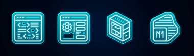Set line Software, Browser setting, Computer and Processor. Glowing neon icon. Vector
