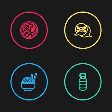 Asya eriştelerini kaseye koy, Kore feneri, Güney bayrağı ve Ramen ikonu. Vektör