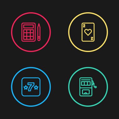 Kumarhane kumar makinesini, slot makinesini, kalpten kart oynamayı ve bingo ikonunu ayarla. Vektör