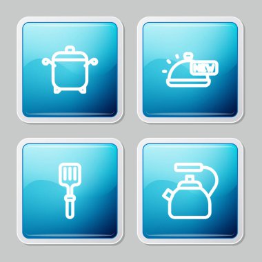 Yemek tepsisi, barbekü spatulası ve ikon ile kaplanmış yemek pişirme kabı. Vektör