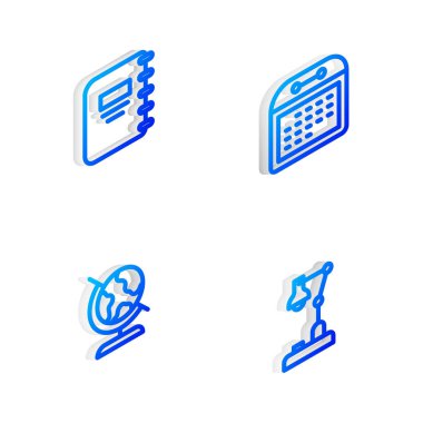 Isometric çizgisi takvimini, not defterini, dünya küresini ve masa lambası simgesini ayarla. Vektör