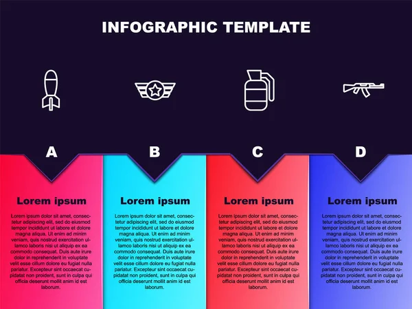Set Line Raketenwerfer Star American Militär Handgranate Und Maschinenpistole Geschäftsinfografische — Stockvektor