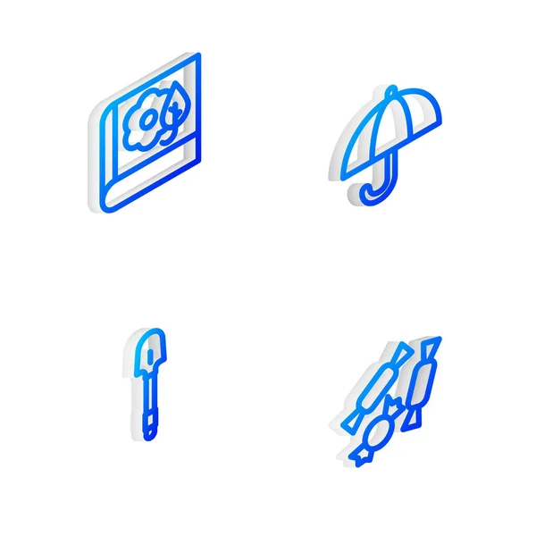 Set Isometric Line Umbrella Herbarium Shovel Candy Icon Vector — ストックベクタ