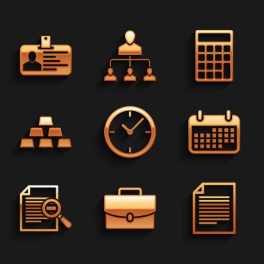 Saat Evrak Dosyası Takvimini Arama ve Altın Çubuk simgesi ile ayarla. Vektör.