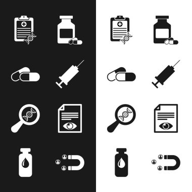 DNA analiz şişesi, ilaç araştırması ve kağıt sayfa göz ikonu içeren şırınga ilacı veya tablet panosunu ayarlayın. Vektör.
