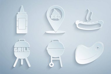 Barbekü ızgara sosisli sandviç biftekli et yerini barbekü ve hardal şişesi ikonuyla ayarla. Vektör.