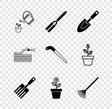 Sulama tenekesi, el yapımı makas, kürek, kürek, çatal, saksı, hortum, yangın hortumu ve testere ikonu. Vektör.