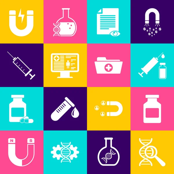 Set Dna Research Search Medicine Bottle Medical Syringe Vial Paper — Stock Vector