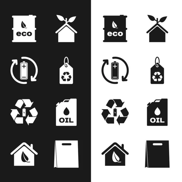 Set Tag Recycle Battery Bio Fuel Barrel Eco Friendly House — ストックベクタ