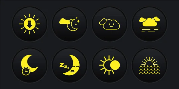 Set Sleeping Moon Cloud Moon Icon Eclipse Sun Stars Sunset — Vetor de Stock