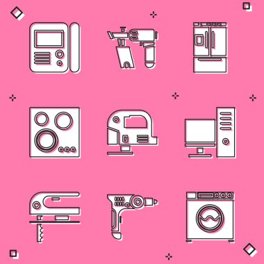 Set House intercom system Nail gun Refrigerator Gas stove Electric jigsaw and Computer monitor icon. Vector.