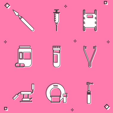 Tıbbi cerrahi neşter şırıngası Sedye İlaç şişesi ve hapları kan cımbızı, diş hekimi koltuğu ve tomografi ikonu ile test tüpü hazırlayın. Vektör.