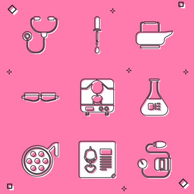 Stethoscope Pipette Bedpan Güvenlik gözlüğü, röntgen cihazı test tüpü, matara lambası ve iğne ikonu hazırlayın. Vektör.