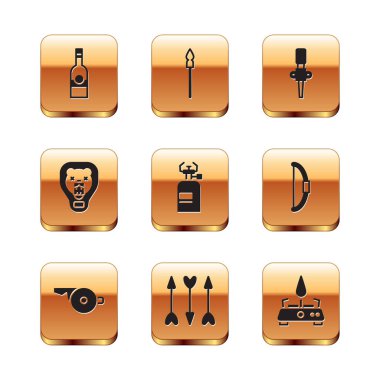 Bir şişe votka şişesi ıslık çalan hippi okları kamp yapan gaz ocağı ayısı başını kalkan meşale alesine ve ortaçağ mızrak ikonuna koyun. Vektör.