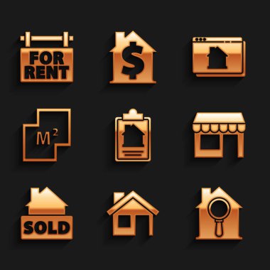 Set House contract Search house Market store Hanging sign with text Sold plan Online real estate and For Rent icon. Vector.