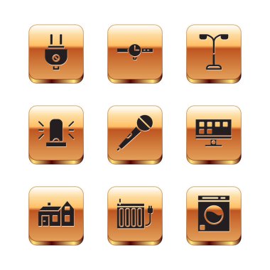 Elektrik prizi ısıtma radyatörü mikrofon flasher siren sokak lambası yıkama ve bilek saat simgesini ayarla. Vektör.