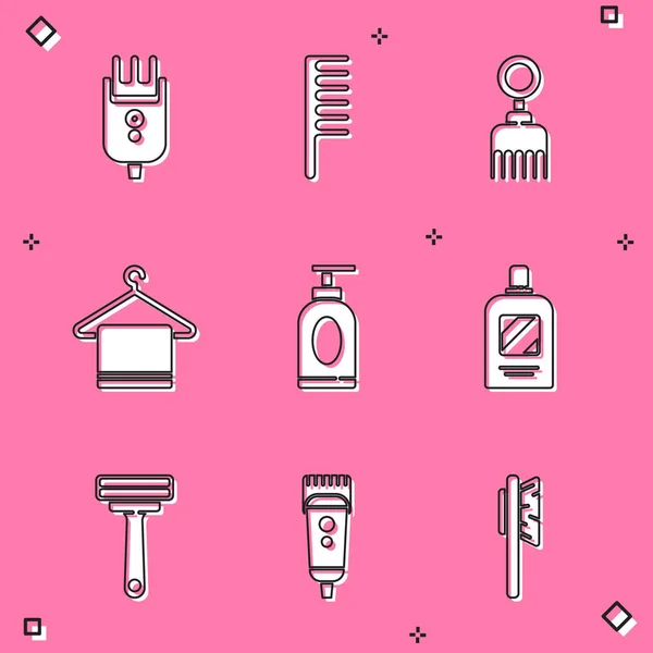 Set Electrical Hair Clipper Shaver Hairbrush Towel Hanger Cream Lotion — Image vectorielle