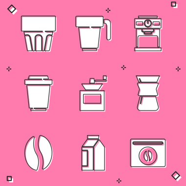 Bardağı su kahve fincanı makinesiyle manuel kahve öğütücüsüne ayarla fasulye ve torba ikonunun üzerine dök. Vektör.