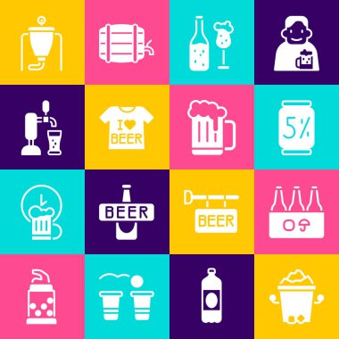 Set Ice bucket Pack of beer bottles Beer can and glass T-shirt tap with brewing process and Wooden mug icon. Vector.