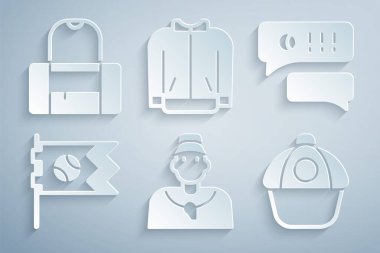 Beyzbol koçu Nutuk Sohbeti Beyzbol Bayrağı 'nı kapak tişörtü ve spor çanta ikonuyla ayarla. Vektör.