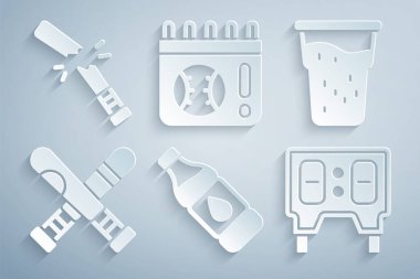 Bir şişe su bardağı birası beysbol sopasıyla çapraz beyzbol sopası mekanik skorbord takvimiyle oyun ve kırık ikon. Vektör.